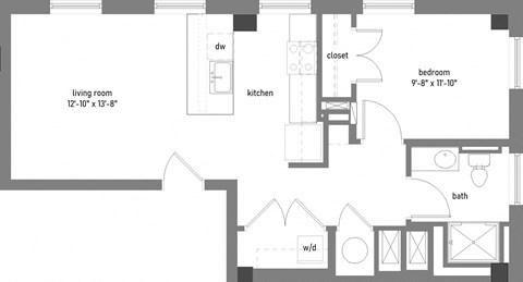 Floor plan for 1 bed, 1 bath, 750 sqft